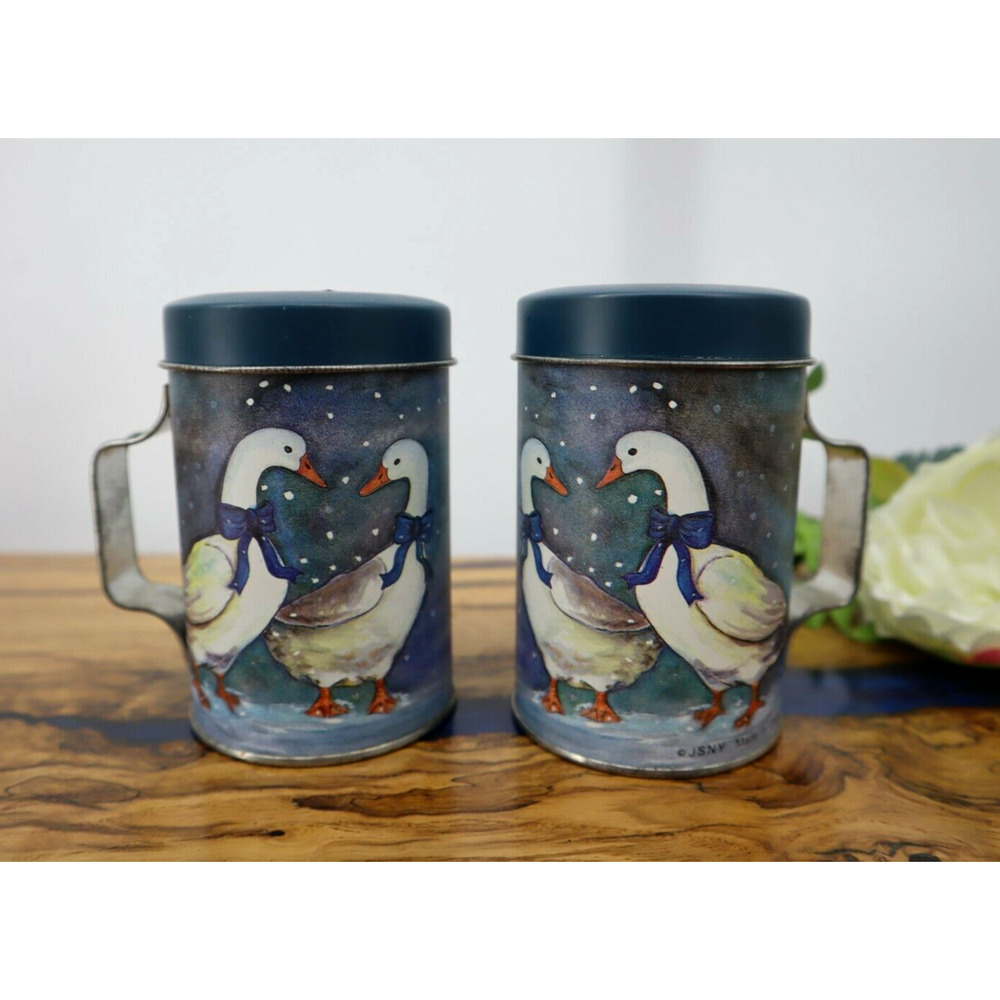 Vintage Salt & Pepper Shakers Canister Tin Aluminum Metal Winter Geese Goose